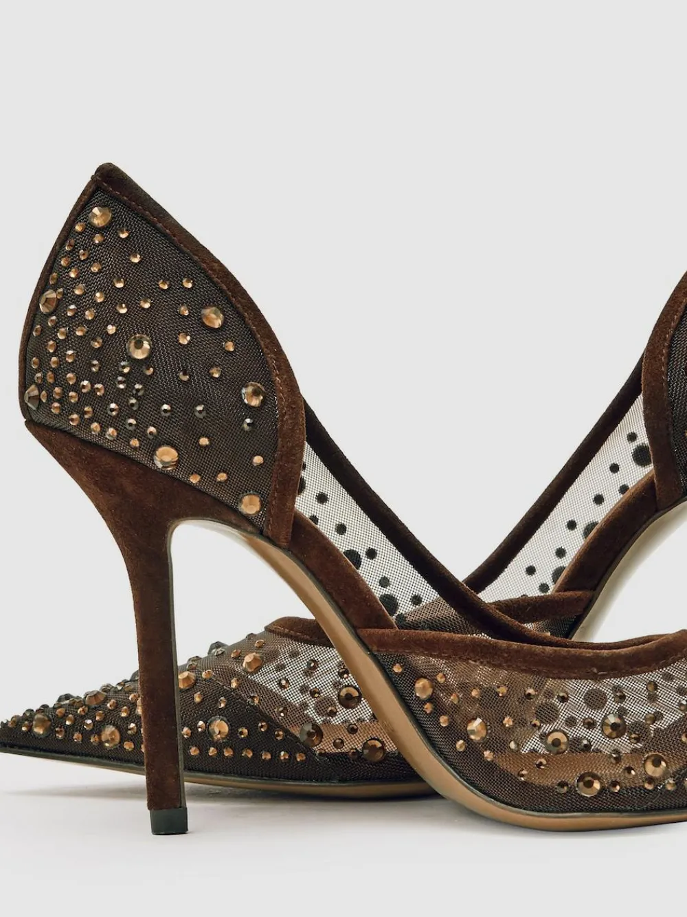 Clearance Reiss Emily Crystal-Embellished Mesh Court Shoes Chocolate