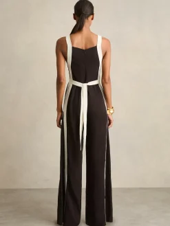 Outlet Reiss Salma Colourblock Wide Leg Belted Jumpsuit Chocolate/Cream