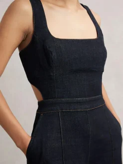 Reiss Dark Blue Dionna Wide-Leg Cut-Out Denim Jumpsuit^Women Jumpsuits & Playsuits