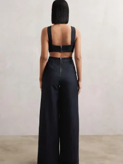 Reiss Dark Blue Dionna Wide-Leg Cut-Out Denim Jumpsuit^Women Jumpsuits & Playsuits