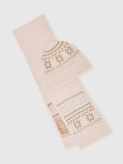 Reiss Ecru Farah Junior Fair Isle Hat And Scarf Set With Wool^ Hats