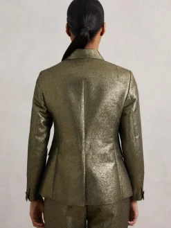 Clearance Reiss Sienna Petite Double-Breasted Metallic Suit Blazer with Cotton Gold