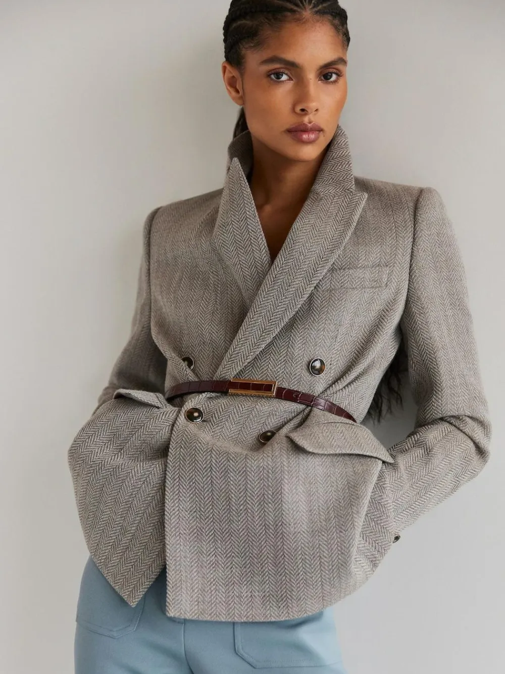 Reiss Grey Ember Herringbone Double-Breasted Blazer Wool-Cotton^Women Suits & Tailoring|Blazers