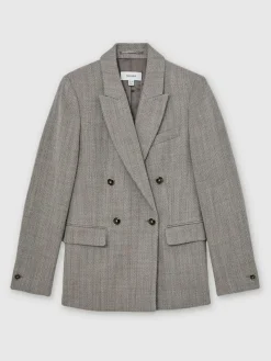 Reiss Grey Ember Herringbone Double-Breasted Blazer Wool-Cotton^Women Suits & Tailoring|Blazers
