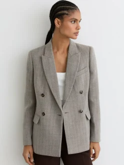 Reiss Grey Ember Herringbone Double-Breasted Blazer Wool-Cotton^Women Suits & Tailoring|Blazers