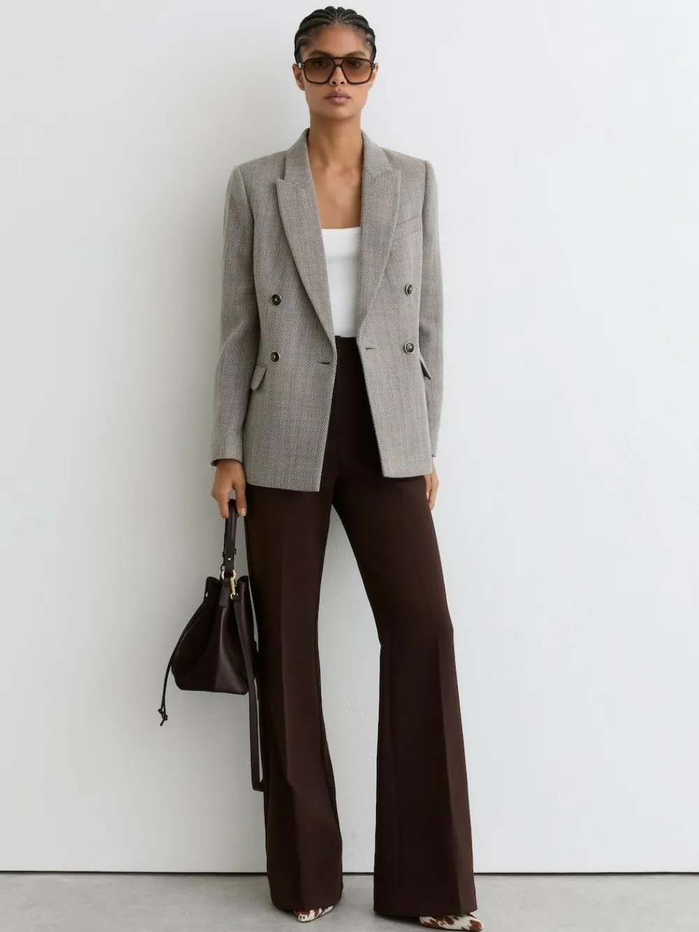 Reiss Grey Ember Herringbone Double-Breasted Blazer Wool-Cotton^Women Suits & Tailoring|Blazers