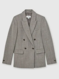 Reiss Grey Ember Petite Herringbone Double-Breasted Blazer Wool-Cotton
