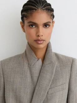 Reiss Grey Ember Petite Herringbone Double-Breasted Blazer Wool-Cotton