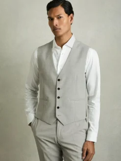 Reiss Grey Slice Puppytooth-Check Suit Waistcoat Wool-Blend^ Vests