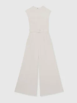 Reiss Ivory Alba Petite Sheer-Panel Wide-Leg Belted Jumpsuit^Women Jumpsuits & Playsuits