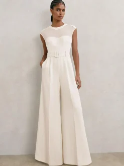 Reiss Ivory Alba Petite Sheer-Panel Wide-Leg Belted Jumpsuit^Women Jumpsuits & Playsuits