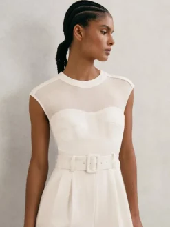 Reiss Ivory Alba Sheer-Panel Wide-Leg Belted Jumpsuit^Women Jumpsuits & Playsuits