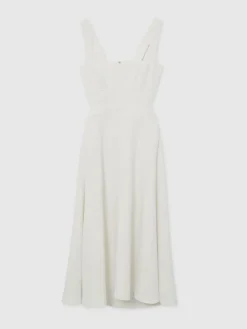 Discount Reiss Dina Waisted Cut-Out Twill Midi Dress Ivory