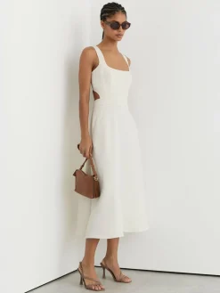 Discount Reiss Dina Waisted Cut-Out Twill Midi Dress Ivory