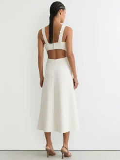 Discount Reiss Dina Waisted Cut-Out Twill Midi Dress Ivory