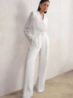 Reiss Ivory Flora Sheer-Sleeve Wide-Leg Tuxedo Jumpsuit^Women Jumpsuits & Playsuits