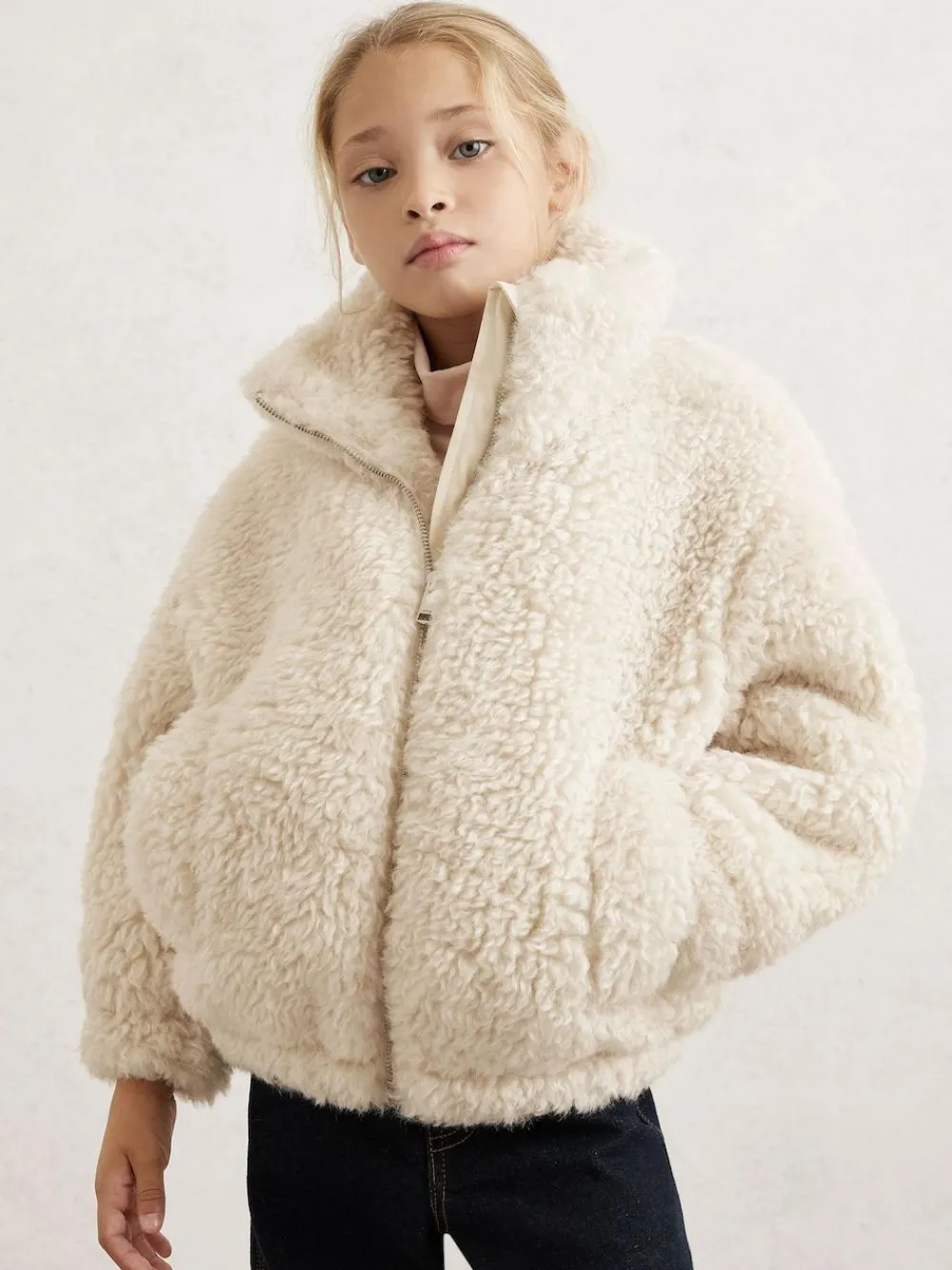 Reiss Ivory Remy 9-13 yrs Faux-Shearling Funnel-Neck Coat