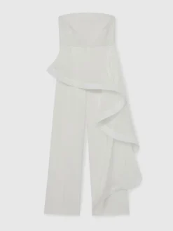 Hot Reiss Ivory Rhiannon Silk Ruffle Bandeau Wide-Leg Jumpsuit