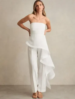 Hot Reiss Ivory Rhiannon Silk Ruffle Bandeau Wide-Leg Jumpsuit