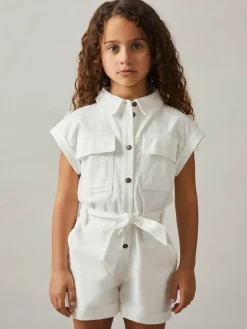 Clearance Reiss Ivory Zoe 4-9 yrs Cotton-Linen Belted Playsuit