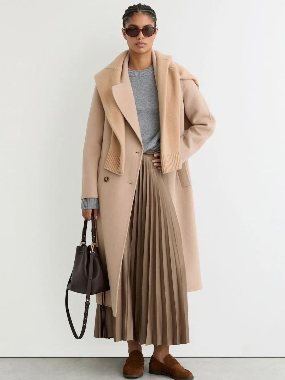 Reiss Seren Pleated Midi Skirt Mocha Brown
