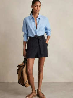 Hot Reiss Navy Avril Belted Button Tab Shorts