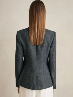 Reiss Navy Baker Linen-Cotton Double-Breasted Blazer^Women Blazers