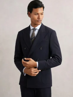 Discount Reiss Navy Belmont Db Double-Breasted Textured Suit Blazer Tailored-Fit With Wool