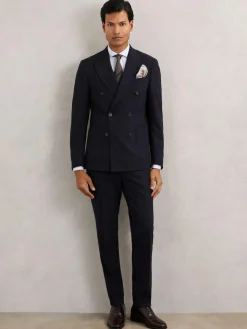 Discount Reiss Navy Belmont Db Double-Breasted Textured Suit Blazer Tailored-Fit With Wool