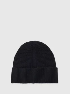 New Reiss Navy Bianca Merino Wool Blend Button Beanie With Cashmere