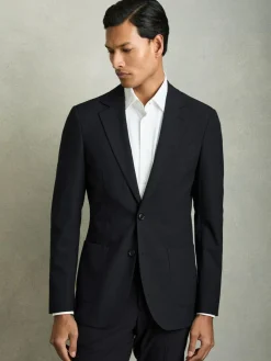 New Reiss Navy Found Blazer Single-Breasted Stretch Suit Blazer Slim-Fit