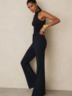Reiss Gabi Petite Flared Suit Trousers Navy