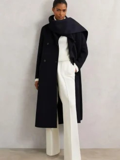 New Reiss Indira Wool-Blend Scarf Blindseam Coat Navy