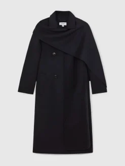 New Reiss Indira Wool-Blend Scarf Blindseam Coat Navy