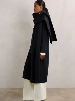 New Reiss Indira Wool-Blend Scarf Blindseam Coat Navy