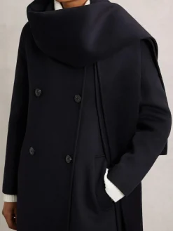 New Reiss Indira Wool-Blend Scarf Blindseam Coat Navy