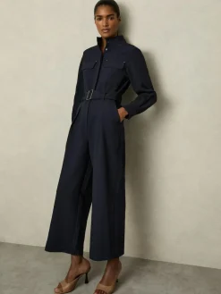 New Reiss Navy Kaia Tailored Wide Leg Utility Jumpsuit