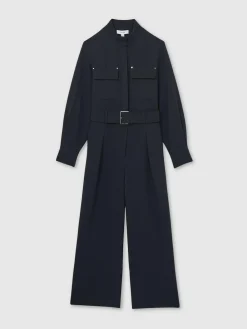 New Reiss Navy Kaia Tailored Wide Leg Utility Jumpsuit