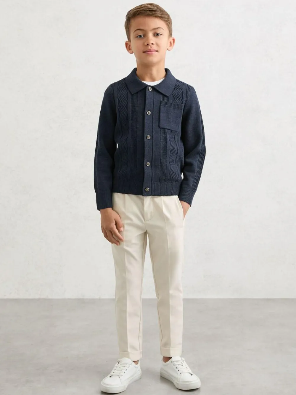Reiss Tumnus 9-13 yrs Stitch-Detail Polo-Collar Cardigan Cotton-Blend Navy