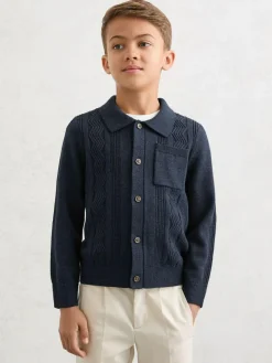 Reiss Tumnus 9-13 yrs Stitch-Detail Polo-Collar Cardigan Cotton-Blend Navy