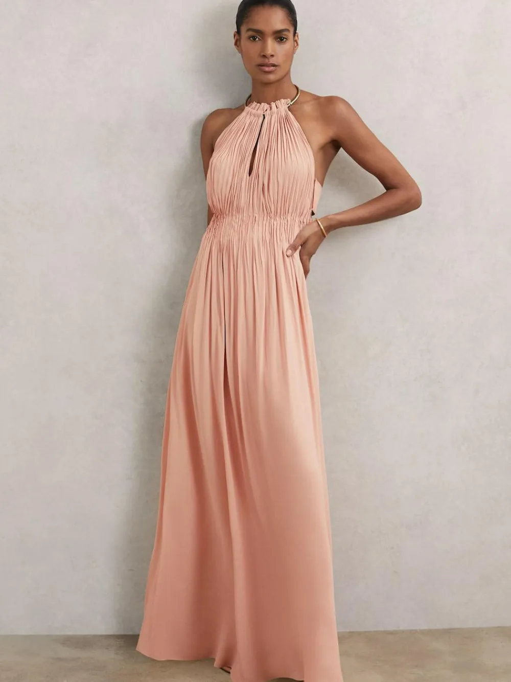 Reiss Pink Vinnie Ring-Detail Halterneck Maxi Dress