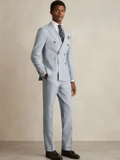 New Reiss Soft Blue Belmont Db Double-Breasted Textured Suit Blazer With Wool Slim-Fit