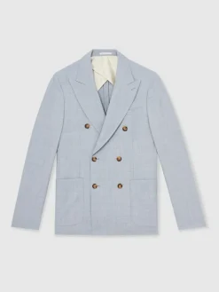 New Reiss Soft Blue Belmont Db Double-Breasted Textured Suit Blazer With Wool Slim-Fit