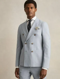 New Reiss Soft Blue Belmont Db Double-Breasted Textured Suit Blazer With Wool Slim-Fit