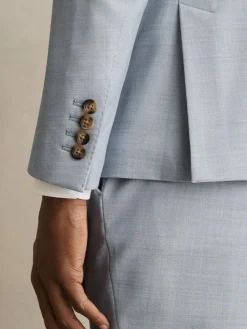 New Reiss Soft Blue Belmont Db Double-Breasted Textured Suit Blazer With Wool Slim-Fit