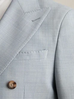 New Reiss Soft Blue Belmont Db Double-Breasted Textured Suit Blazer With Wool Slim-Fit