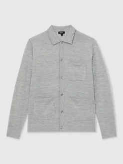 Outlet Reiss Munich Merino Wool Button-Through Shirt Soft Grey Mouline