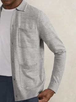 Outlet Reiss Munich Merino Wool Button-Through Shirt Soft Grey Mouline