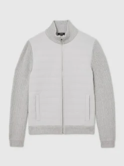 Sale Reiss Townsend Quilted Rib-Knit Funnel-Neck Jacket Soft Grey