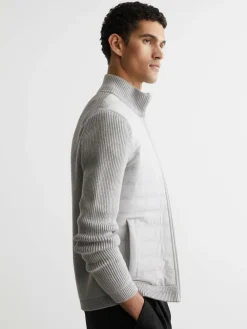 Sale Reiss Townsend Quilted Rib-Knit Funnel-Neck Jacket Soft Grey